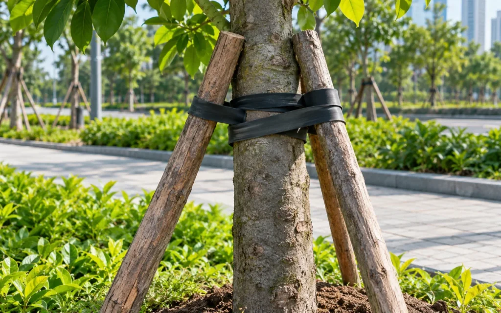 Chống cây mới trồng bằng cọc gỗ
